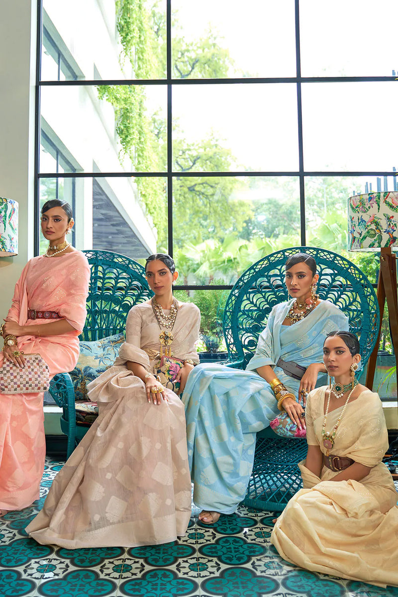 Beige Chikankari Sequins Lucknowi Weaving Cotton Silk Saree