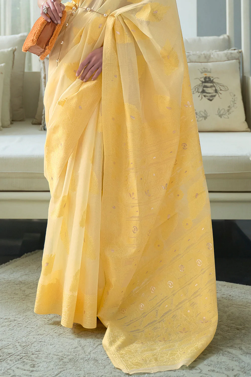 Canary Yellow Lucknowi Weaving Modal Silk Saree
