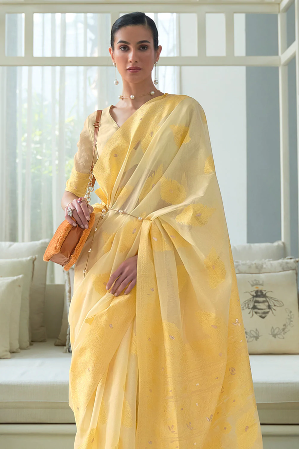Canary Yellow Lucknowi Weaving Modal Silk Saree