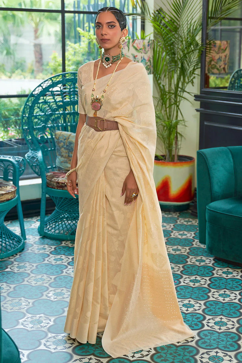 Flax Yellow Chikankari Sequins Lucknowi Weaving Cotton Silk Saree