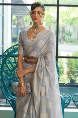 Metal Grey Chikankari Sequins Lucknowi Weaving Cotton Silk Saree