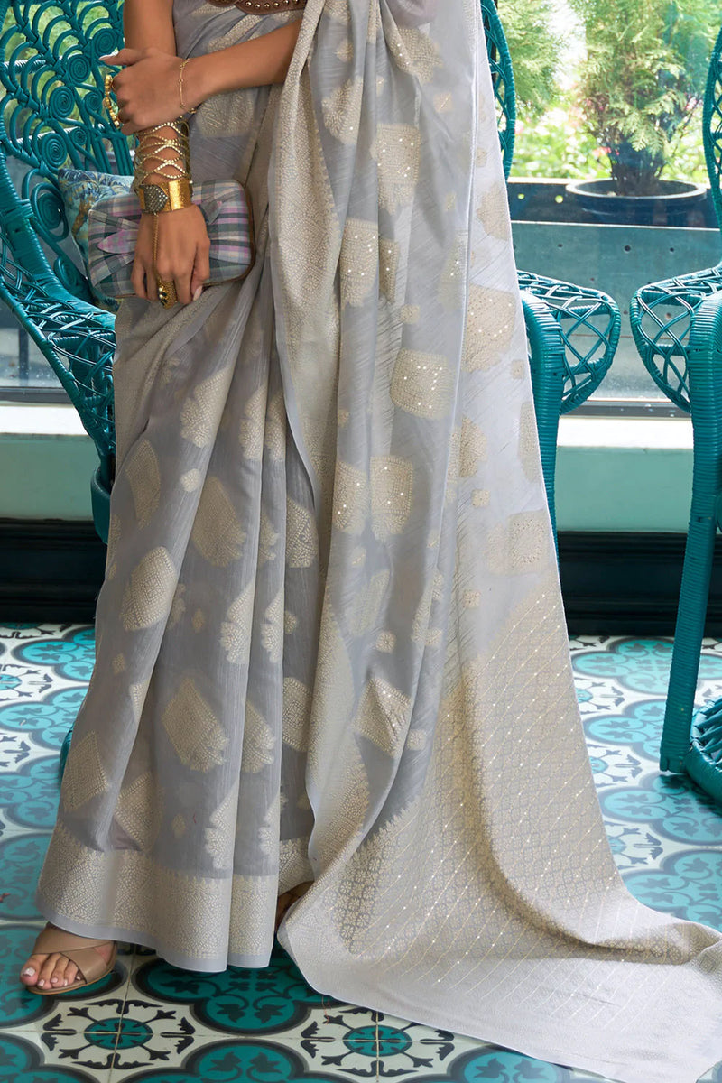 Metal Grey Chikankari Sequins Lucknowi Weaving Cotton Silk Saree