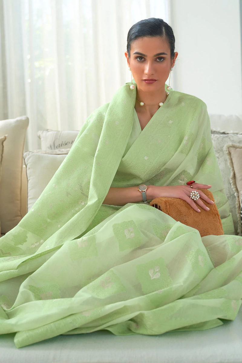 Tea Green Lucknowi Weaving Modal Silk Saree