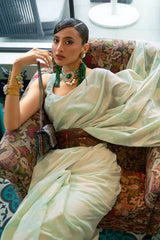 Tea Green Chikankari Sequins Lucknowi Weaving Cotton Silk Saree