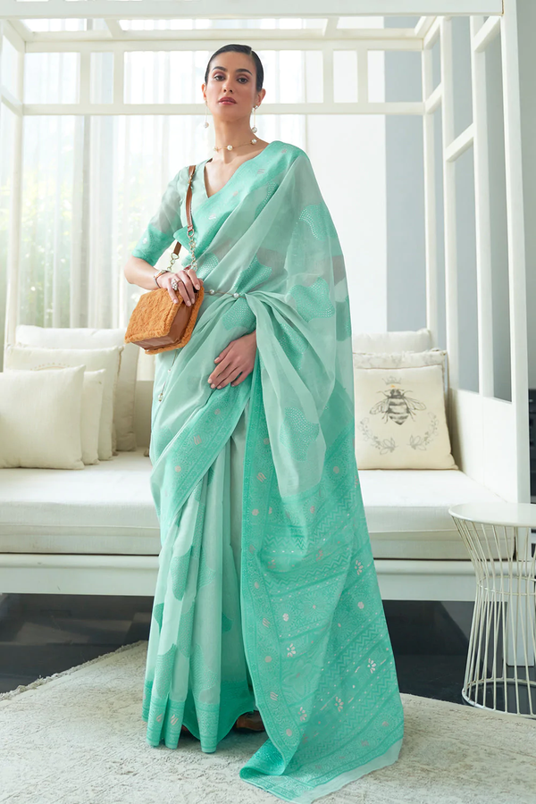 Turquoise Blue Lucknowi Weaving Modal Silk Saree