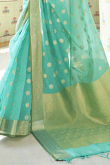 Turquoise Blue Zari Woven Linen Silk Saree