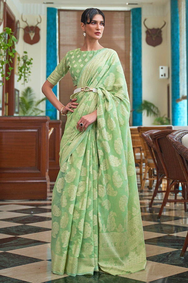 Chartreuse Green Lucknowi Cotton Silk Saree