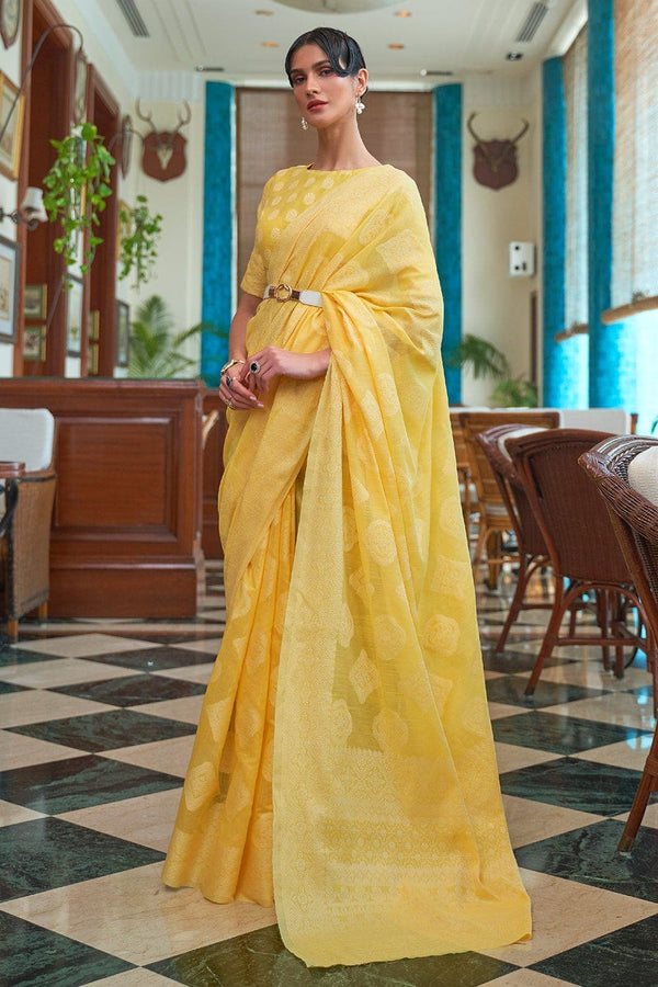 Lemon yellow Lucknowi Cotton Silk Saree