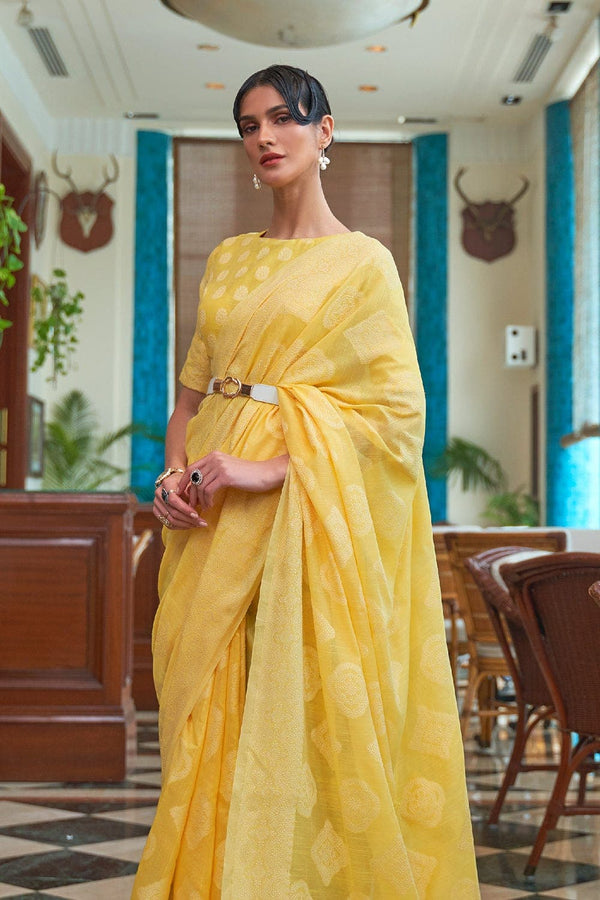 Lemon yellow Lucknowi Cotton Silk Saree