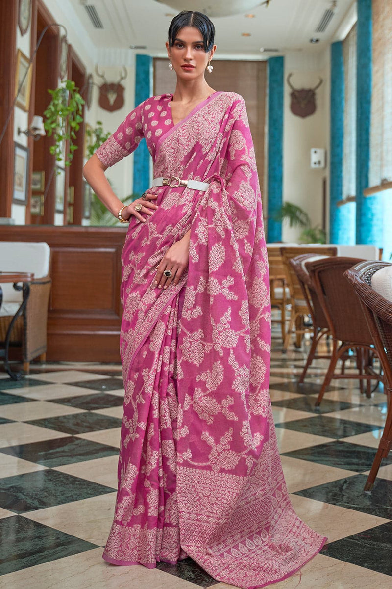 Magenta Pink Lucknowi Cotton Silk Saree