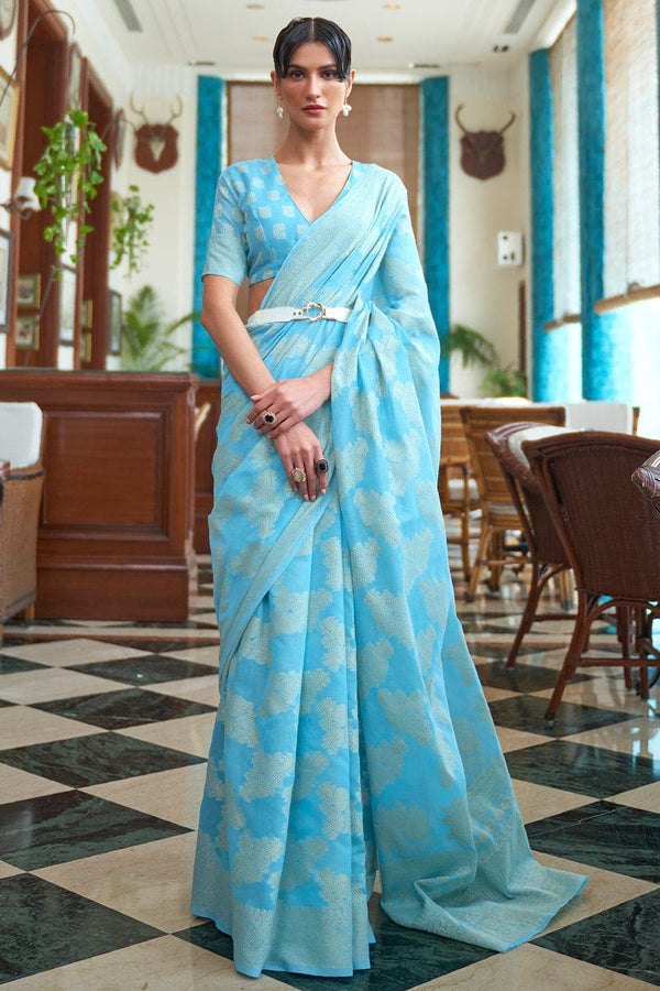 Sky Blue Lucknowi Cotton Silk Saree