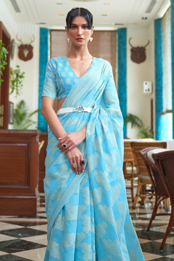 Sky Blue Lucknowi Cotton Silk Saree