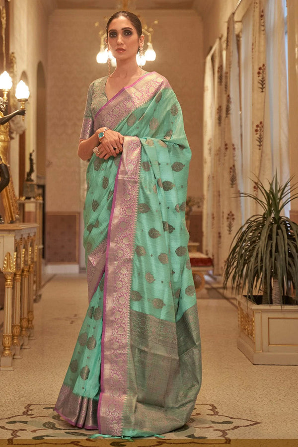 Turquoise Blue Woven South Silk Saree