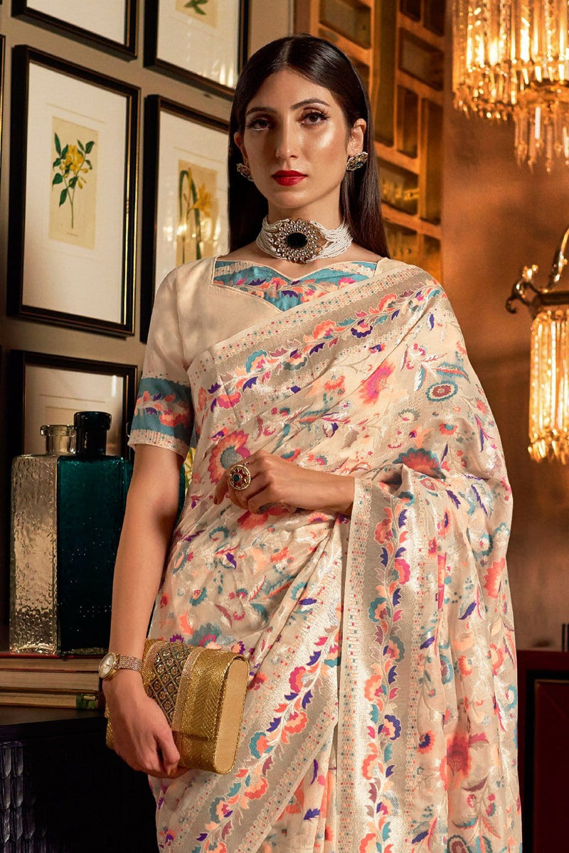 Tan Cream Soft Modal Silk Kashmiri Weaving Saree