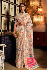 Tan Cream Soft Modal Silk Kashmiri Weaving Saree