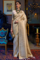 White Gold Woven Kanjivaram Saree with Blouse