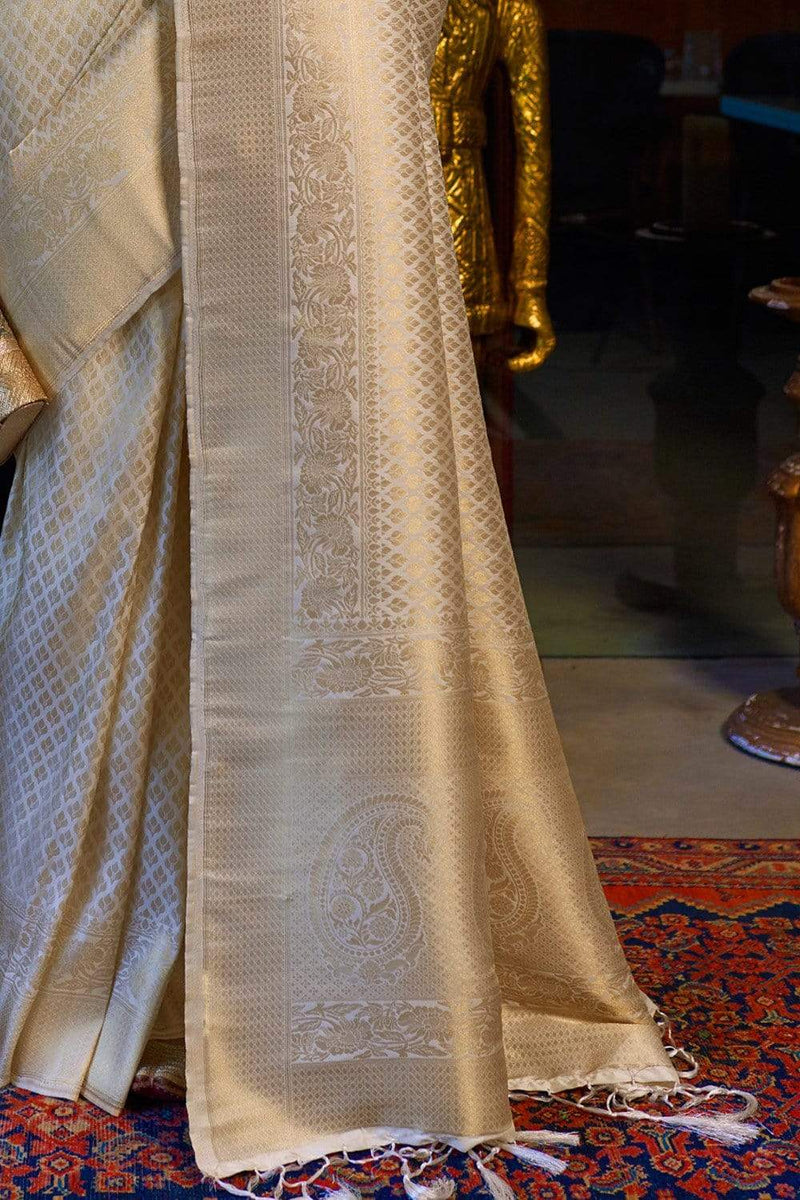 White Gold Woven Kanjivaram Saree with Blouse