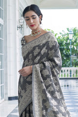 Silver Grey Lucknowi Cotton Silk Saree