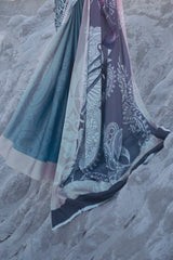 Bluish Grey Print Satin Silk Saree