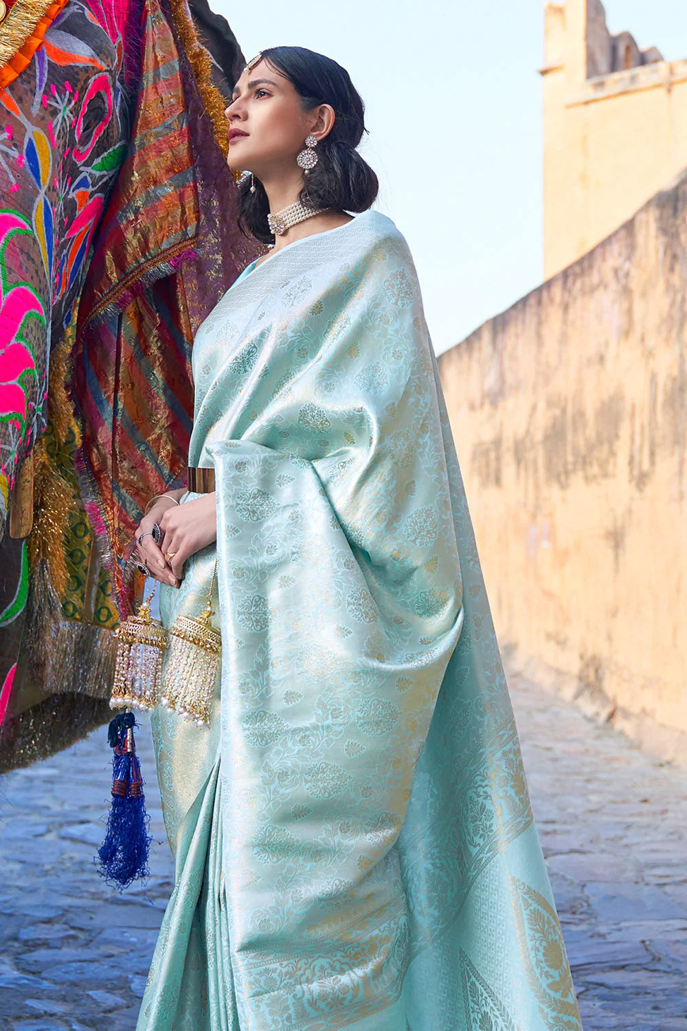 Pure mysore silk saree light blue and pink with zari woven buttas and –  Cherrypick