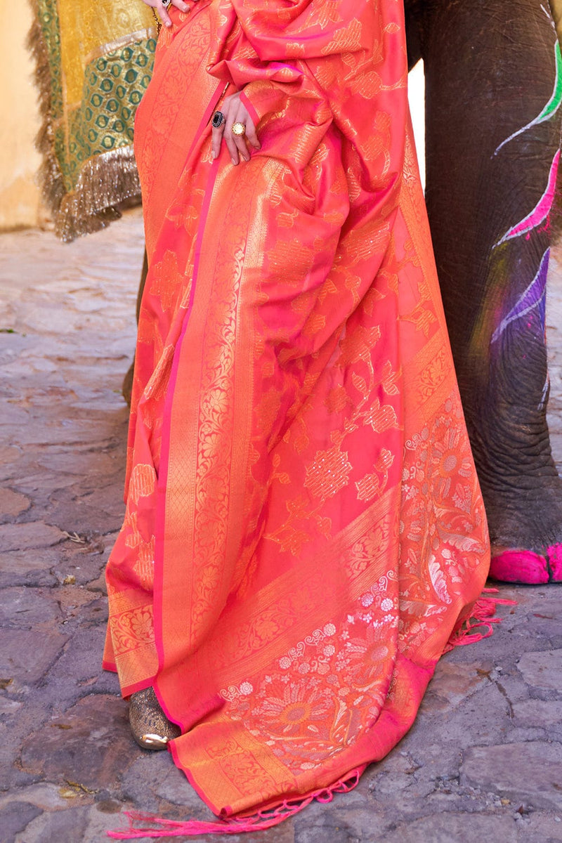 Brick Pink Woven Kanjivaram Silk Saree