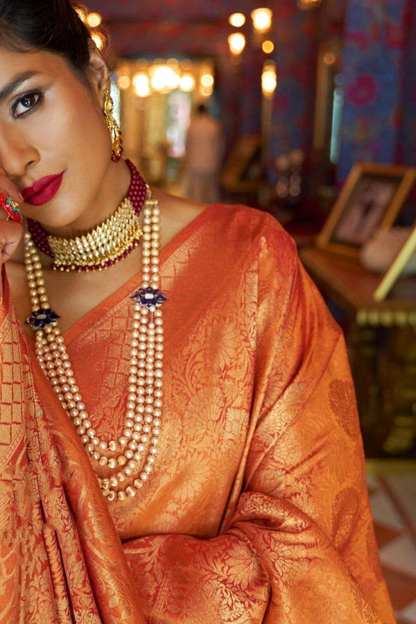 Orange Gold Zari Woven Kanjivaram Silk Saree