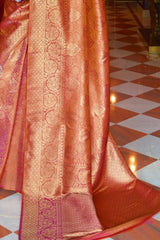 Orange Pink Zari Woven Kanjivaram Silk Saree