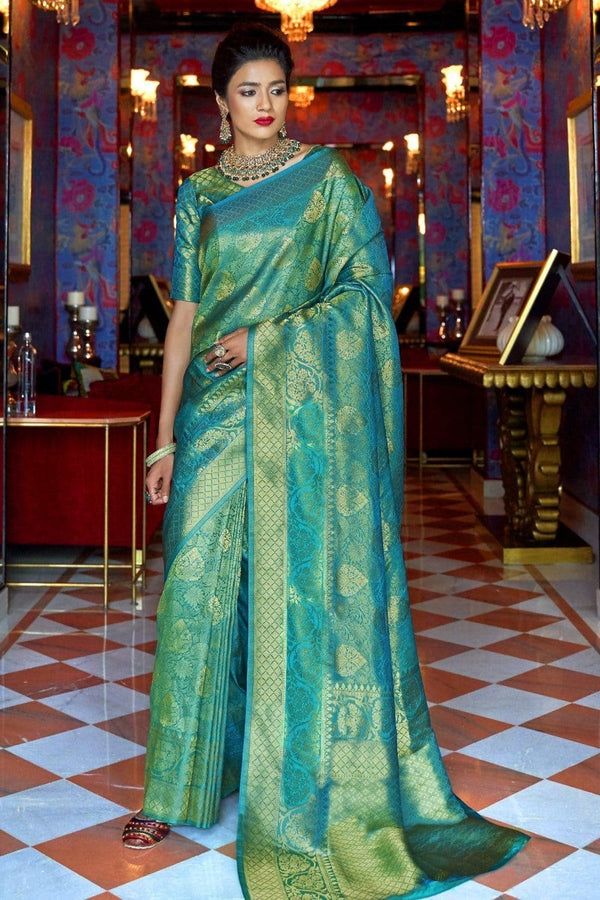 Teal Green Zari Woven Kanjivaram Silk Saree
