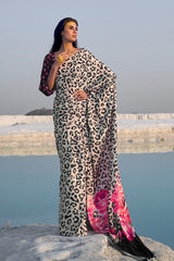 Black And White Leopard Printed Satin Silk Saree