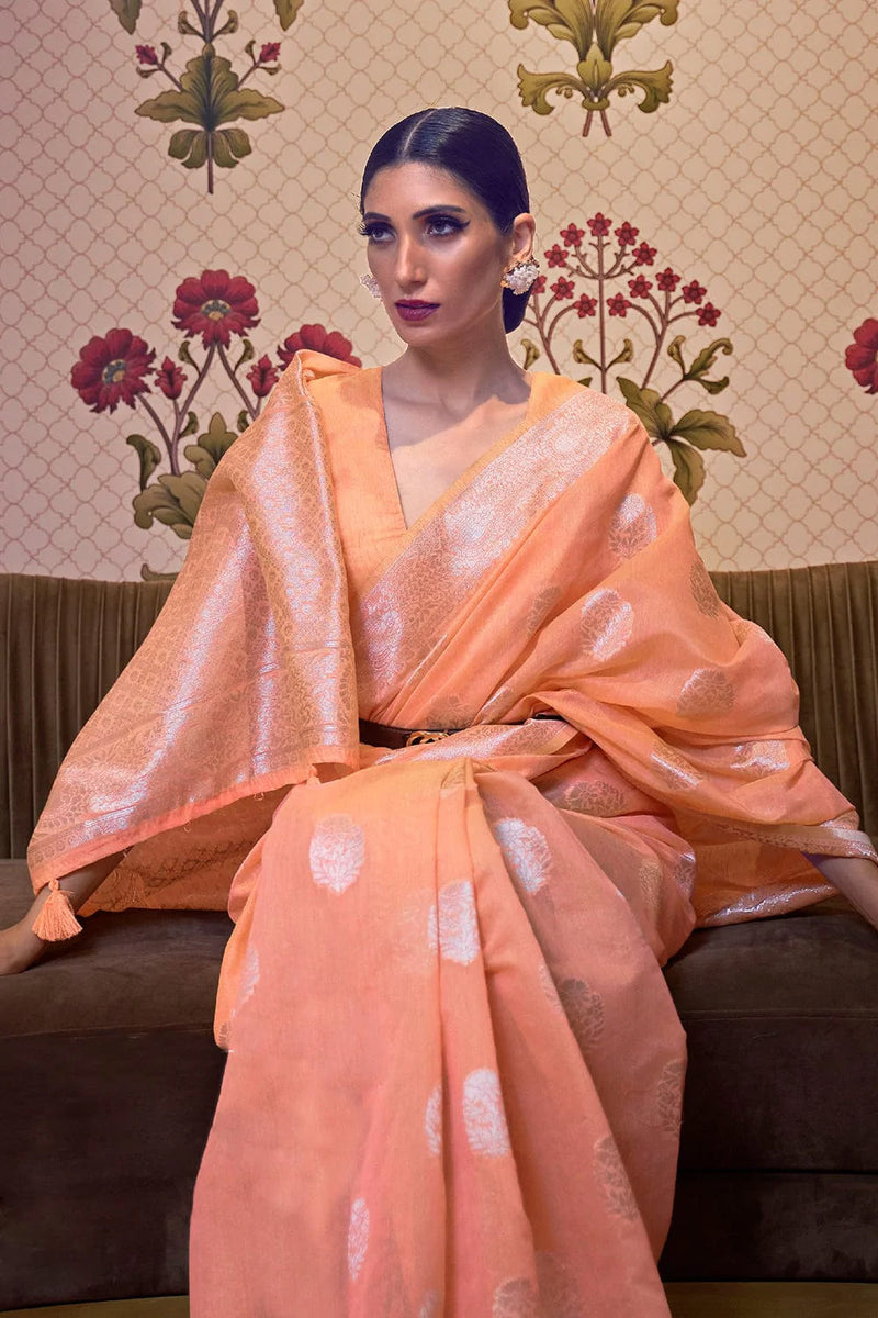 Cantaloupe Orange Linen Saree