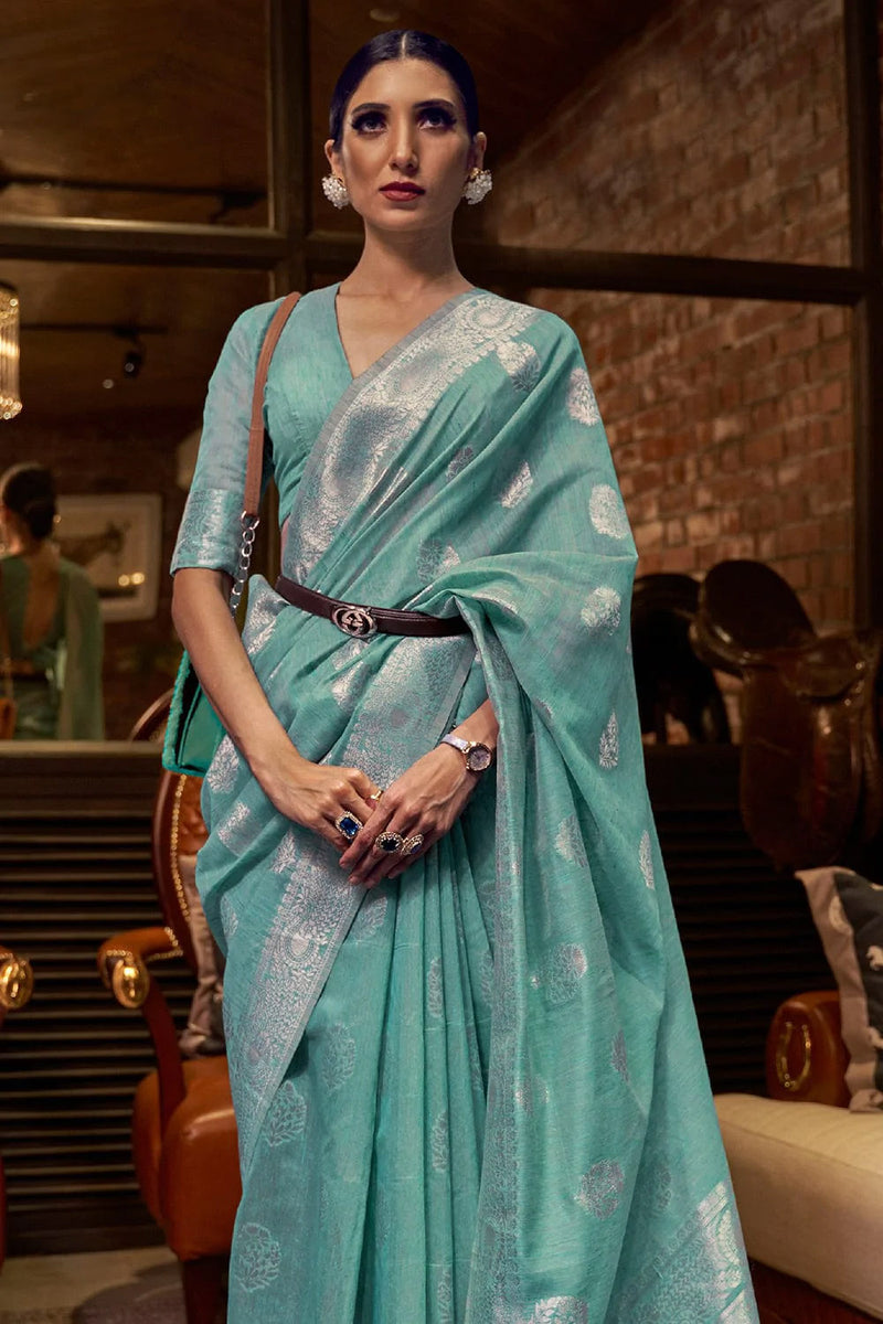 Cyan Blue Linen Saree