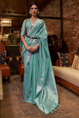 Cyan Blue Linen Saree