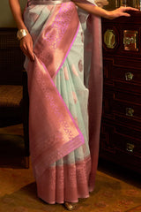 Sky Blue Woven Linen Saree