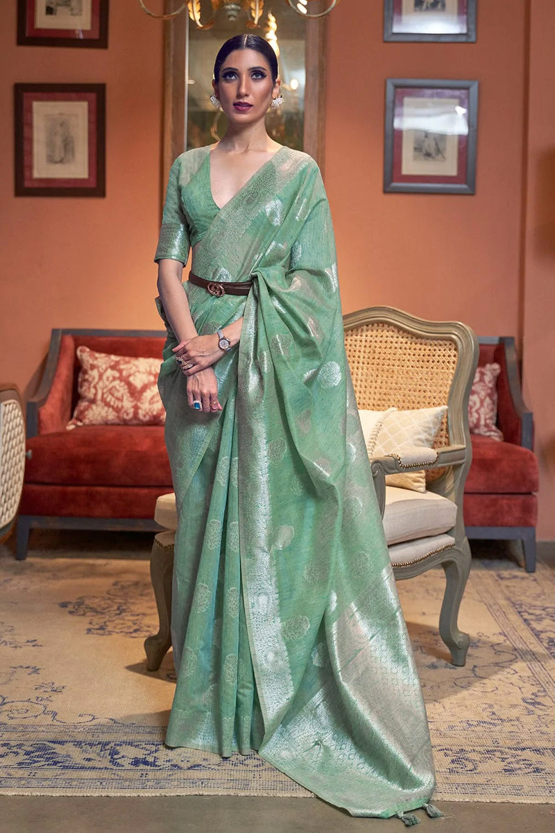 Turquoise Green Linen Saree