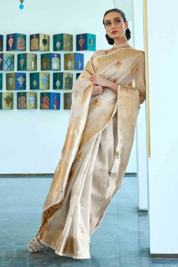 Cream Banarasi Tissue Silk Saree