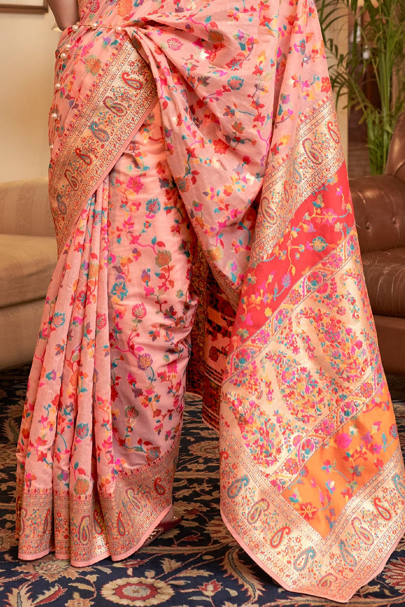 Coral Pink Pashmina Modal Silk Saree