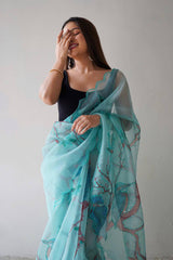 Sky Blue Printed and Embroidered Organza Saree