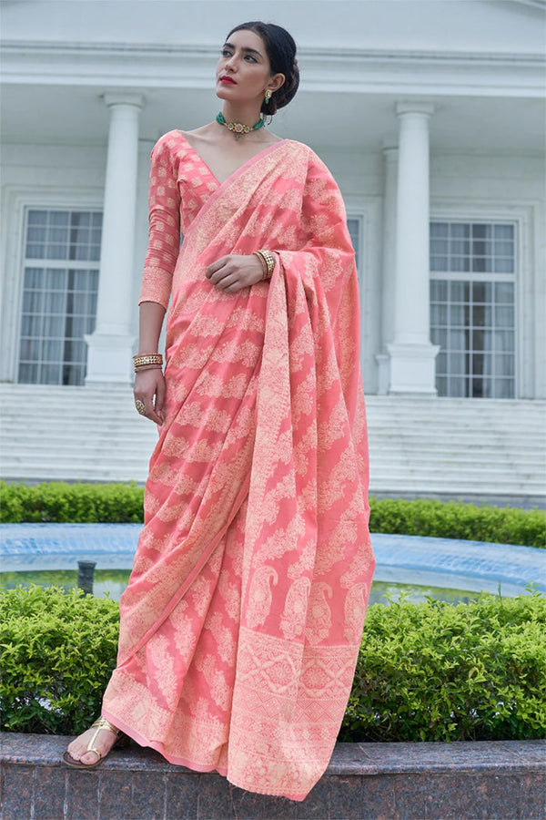 Flamingo Pink Lucknowi Cotton Silk Saree