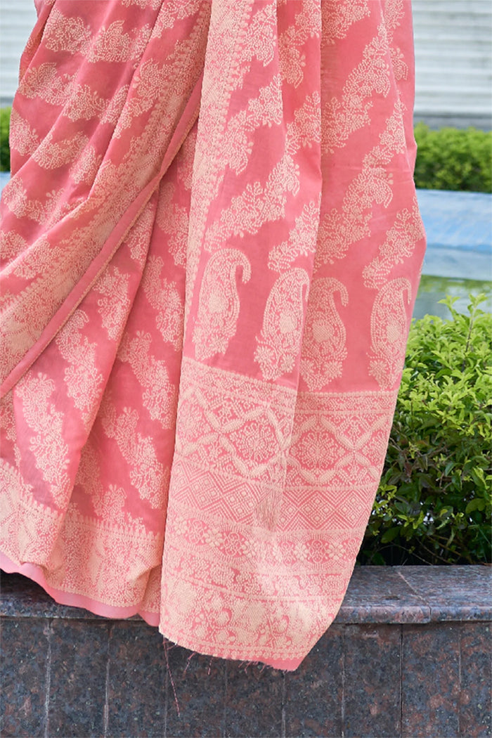 Flamingo Pink Lucknowi Cotton Silk Saree