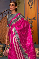 Hot Pink Printed Satin Silk Saree