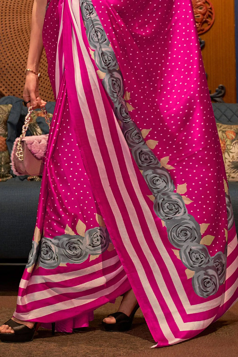 Hot Pink Printed Satin Silk Saree