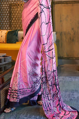 Rose Pink Printed Satin Silk Saree