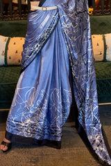 Royal Blue Printed Satin Silk Saree