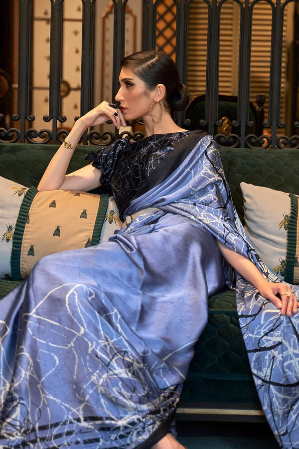 Royal Blue Printed Satin Silk Saree