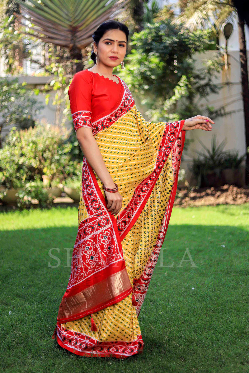 Yellow And Red Woven Patola Dola Silk Saree