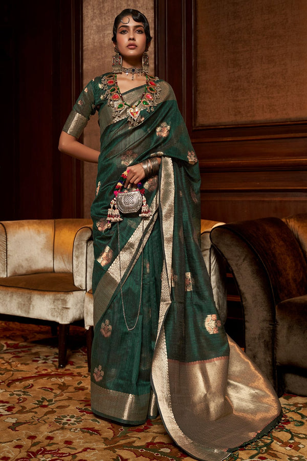 Forest Green Handloom Weaving Silk Saree