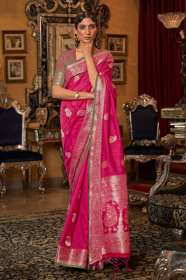 Magenta Pink Zari Woven South Silk Saree