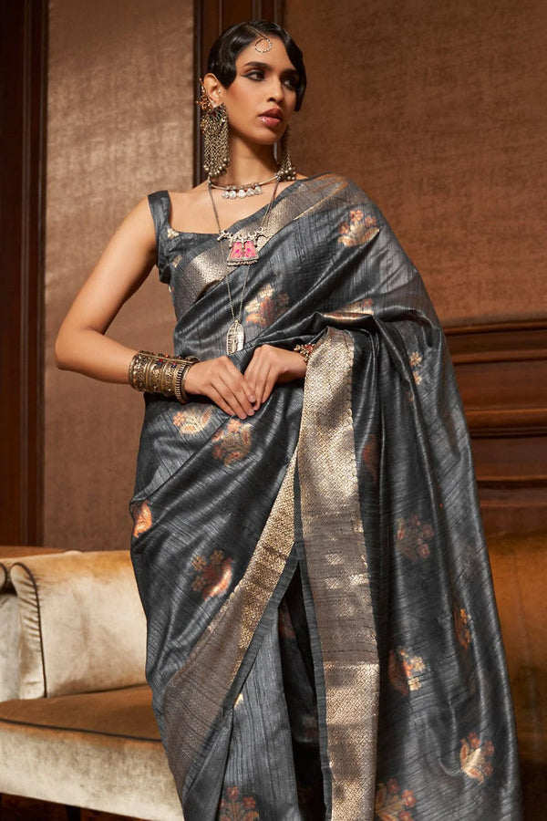 Purpoise Grey Handloom Weaving Silk Saree