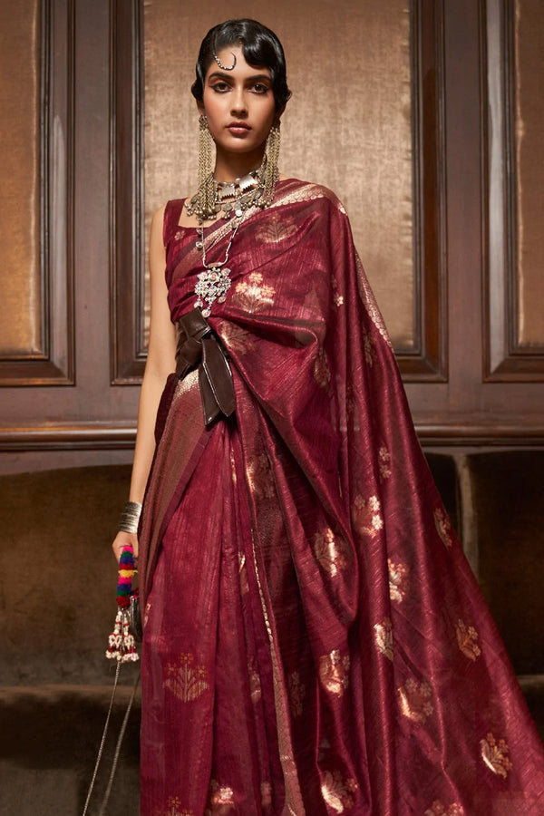 Rosewood Maroon Handloom Weaving Silk Saree