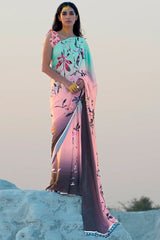 Pastel Blue And Pink Printed Satin Silk Saree